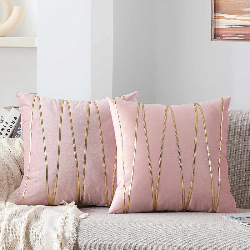 WACOMECO Soft Throw Pillow Covers - Pack of 2 Velvet Decorative Cushion Covers Cases for Sofa Bedroom Livingroom Car  18"" x 18""  Pink and Gold - Image 1