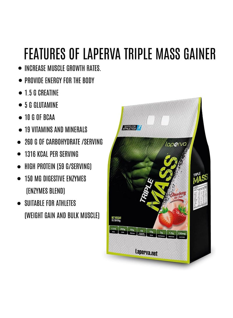 laperva Triple Mass Gainer Protein Powder, High Calorie Weight Gainer with Glutamine & Added Essential Fatty Acids, 1500mg Added Creatine Blend +10 gm of BCAA (Strawberry - 13.2 LB) - Image 5
