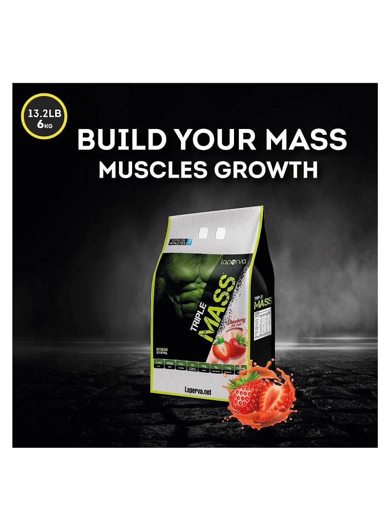 laperva Triple Mass Gainer Protein Powder, High Calorie Weight Gainer with Glutamine & Added Essential Fatty Acids, 1500mg Added Creatine Blend +10 gm of BCAA (Strawberry - 13.2 LB) - Image 2
