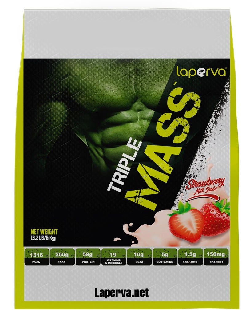 laperva Triple Mass Gainer Protein Powder, High Calorie Weight Gainer with Glutamine & Added Essential Fatty Acids, 1500mg Added Creatine Blend +10 gm of BCAA (Strawberry - 13.2 LB) - Image 1