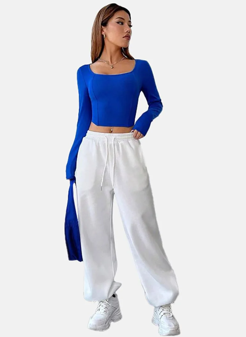 YUNIQEE Blue Solid Slim Fit Long Sleeve Top