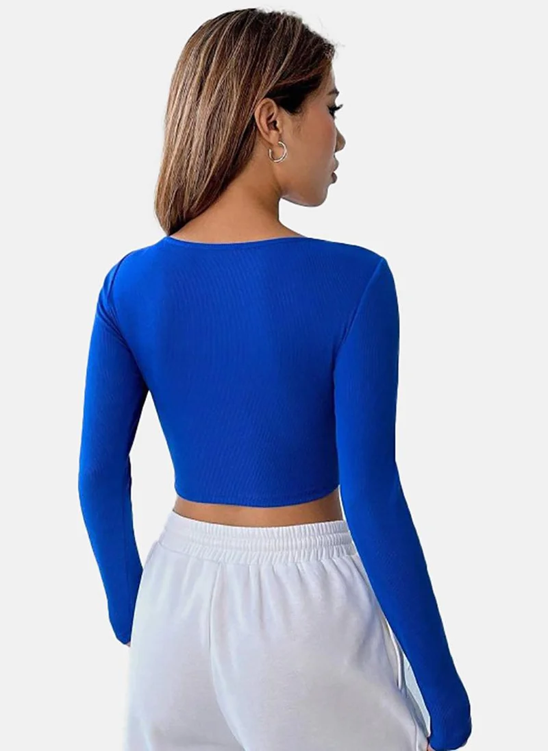 YUNIQEE Blue Solid Slim Fit Long Sleeve Top