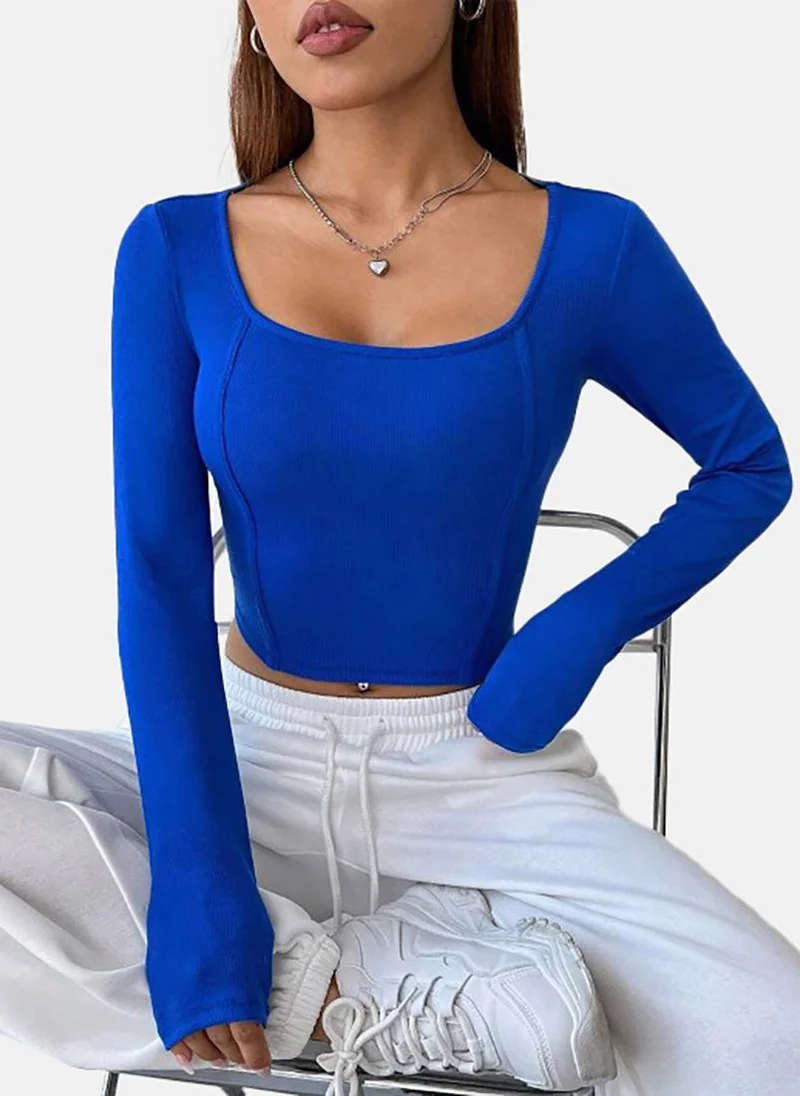 YUNIQEE Blue Solid Slim Fit Long Sleeve Top