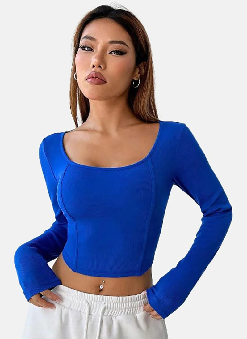 YUNIQEE Blue Solid Slim Fit Long Sleeve Top