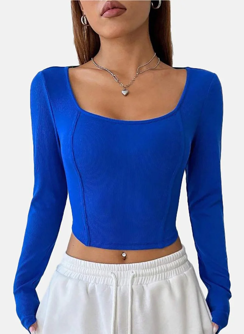 YUNIQEE Blue Solid Slim Fit Long Sleeve Top
