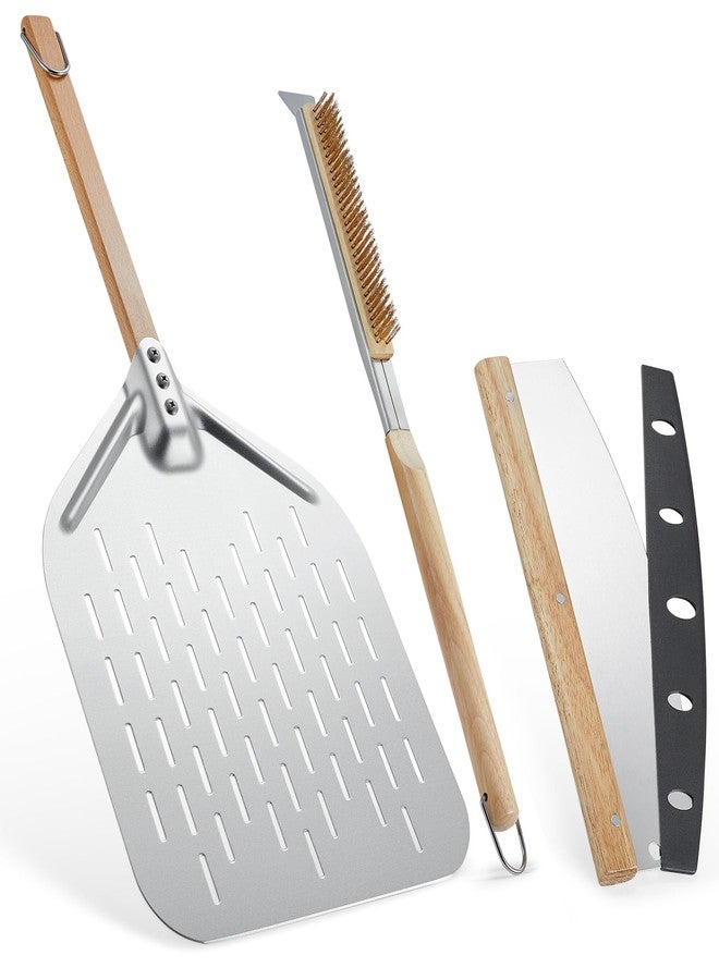 MUMSUNG Pizza Peel Aluminum Pizzas Spatula Perforated, Pizza Rocker Cutter and Pizza Oven Brush with Stone Scraper, 3Pcs Pizza Oven Accessories Set for Homemade Pizza Oven Baking Pizza, Dough & Bread - Image 1