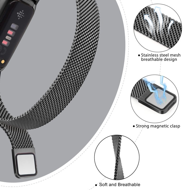 Vanjua for Fitbit Inspire 3 Bands Women Men, Stainless Steel Metal Mesh Loop Adjustable Magnetic Wristband Replacement Straps Compatible with Fitbit Inspire 3 Fitness Tracker (Black) - Image 3