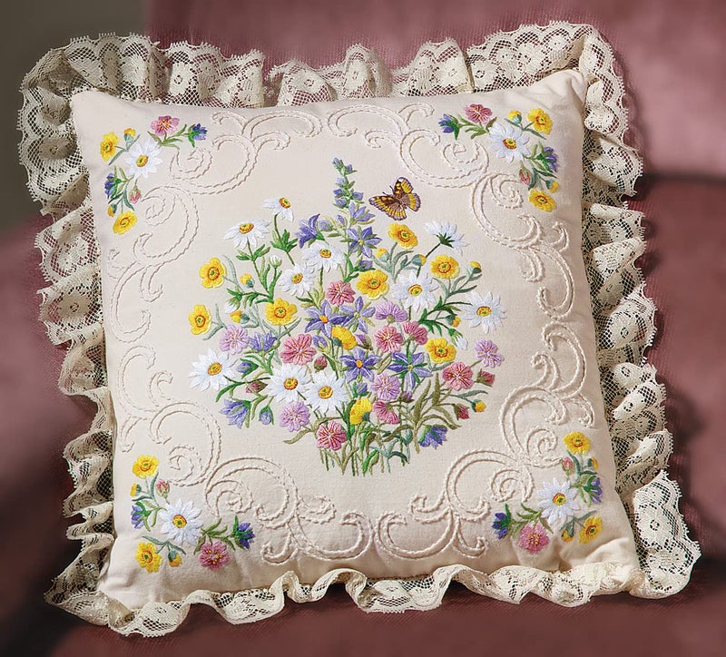 Janlynn Candle Wicking Embroidery Kit, Wildflowers and Butterfly Pillow 14" x 14" - Image 1