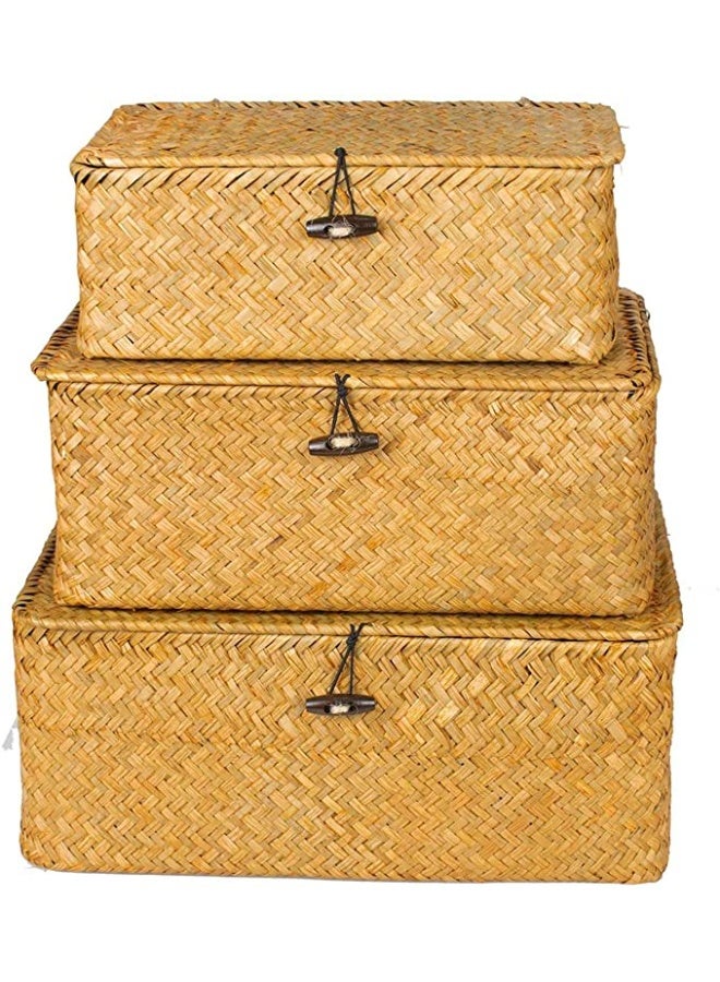 LINGWEI Woven Wicker Storage Bins with Lid Set of 3 Rectangular Seagrass Basket and Storage Basket with Lid - Rattan Storage Organizer - Image 5