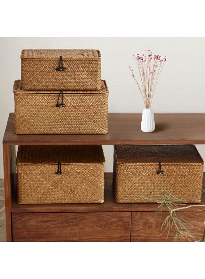 LINGWEI Woven Wicker Storage Bins with Lid Set of 3 Rectangular Seagrass Basket and Storage Basket with Lid - Rattan Storage Organizer - Image 2