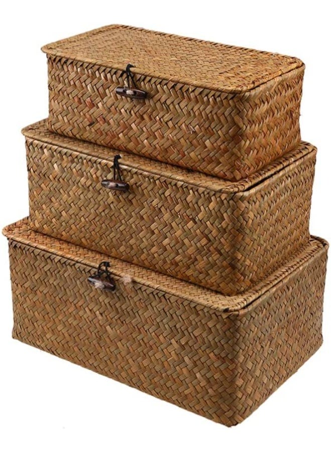 LINGWEI Woven Wicker Storage Bins with Lid Set of 3 Rectangular Seagrass Basket and Storage Basket with Lid - Rattan Storage Organizer - Image 1