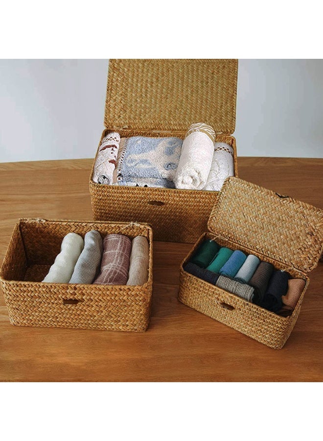 LINGWEI Woven Wicker Storage Bins with Lid Set of 3 Rectangular Seagrass Basket and Storage Basket with Lid - Rattan Storage Organizer - Image 4