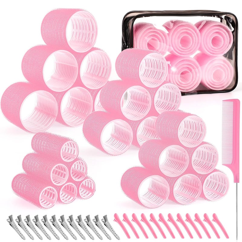 Premify Self-Grip Hair Rollers Set 4 Sizes/50 Pcs with Clips in Pink Color, Jumbo Rollers for Long, Short Hair and Bangs (25mm, 36mm, 48mm, 60mm)