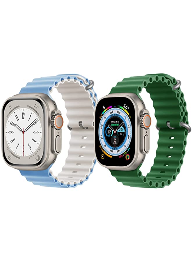 IAF Silicone Ocean Band Strap for Apple Watch Ultra 8 49mm Sky Blue/White Double Side Strap with Green Single Color Strap Set of 2
