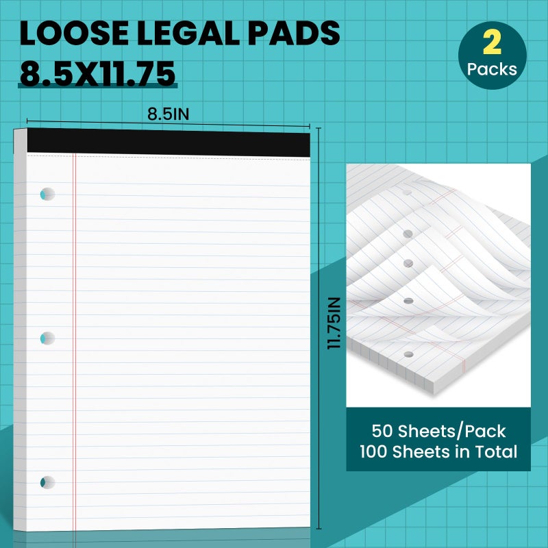 Ciphyfee Legal Pads 8.5x11, Pack/50 Sheets, 2-Pack,3-Hole Punch & Perforated Writing Pads, Wide Ruled White Lined Paper, Notebook 8.5x11.75, Notepads 8.5x11 for Business, School and Office Supplies - Image 2