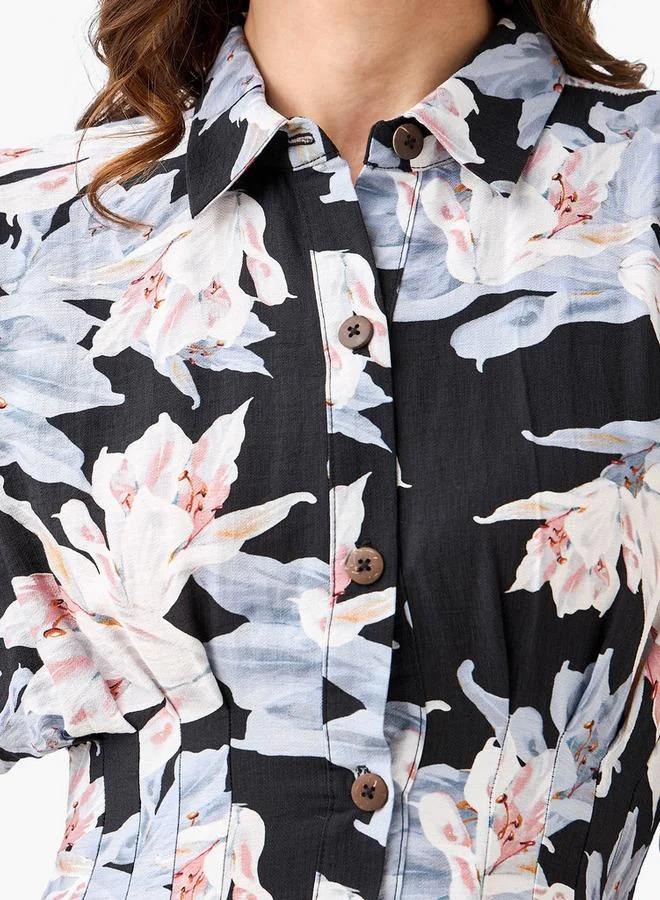 سبلاش فيڤ Floral Print Shirt Style Women Dress with Collar Viscose