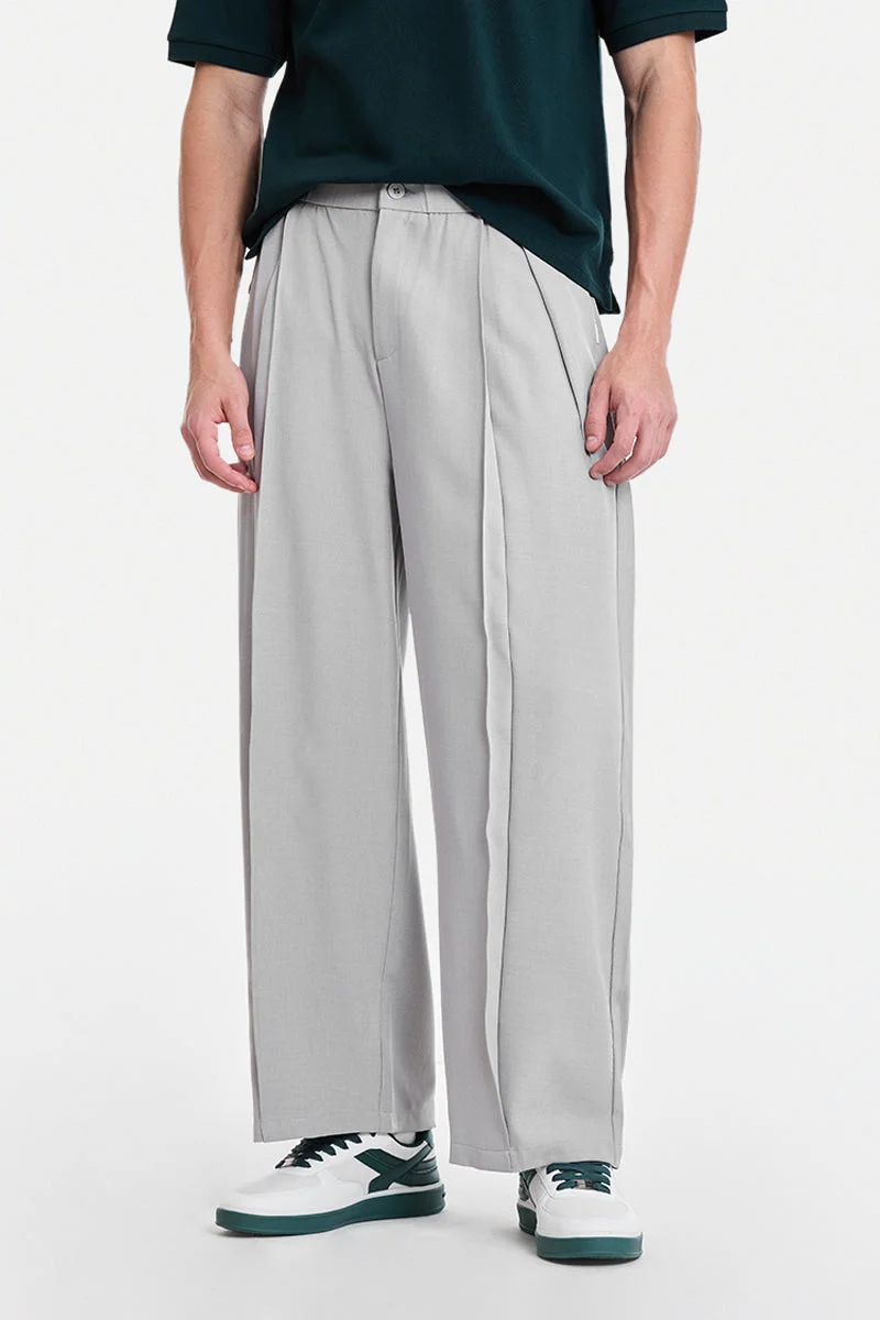 سنيتش Light Grey Solid Wide Leg Casual Trousers