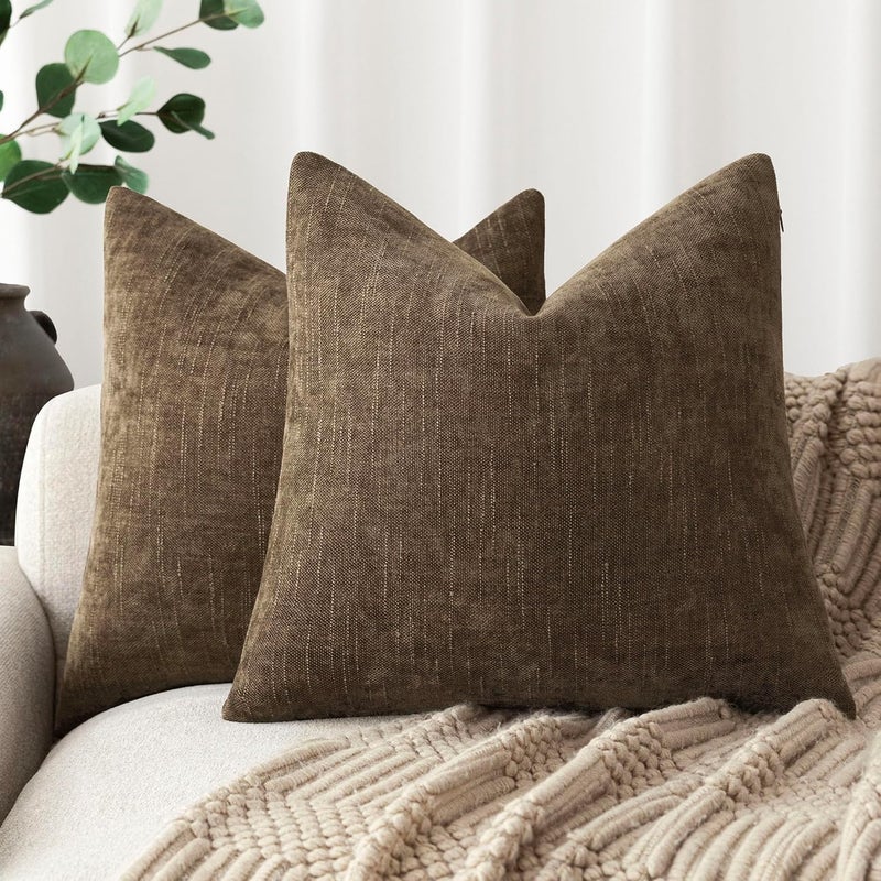 Foindtower Pack of 2 Soft Textured Chenille Throw Decorative Pillow Covers Square Accent Solid Cushion Cover Neutral Farmhouse Pillow Case for Couch Sofa Bedroom Living Room 24x24 Inch,Taupe Brown - Image 1