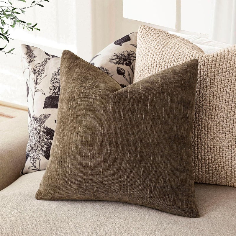 Foindtower Pack of 2 Soft Textured Chenille Throw Decorative Pillow Covers Square Accent Solid Cushion Cover Neutral Farmhouse Pillow Case for Couch Sofa Bedroom Living Room 24x24 Inch,Taupe Brown - Image 5