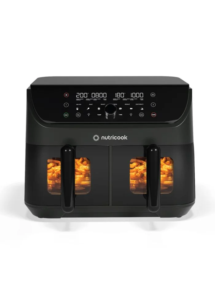 nutricook Digital Air Fryer Duo Vision,8.5L Capacity with Clear Window & Internal Light, Independently Controlled Dual Baskets,6 Presets, Air Fry, Bake, Roast,Broil,Reheat&Dehydrate, 2 Years Warranty