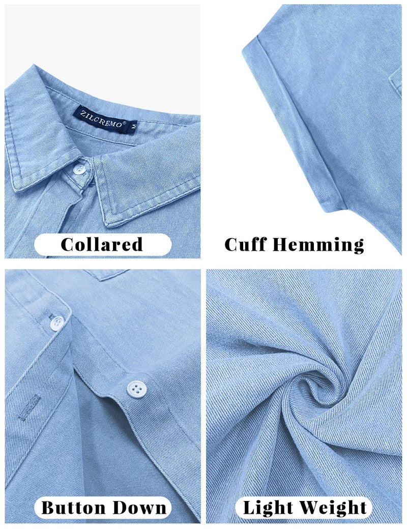 Zilcremo Women Denim Shirt Dresses Short Sleeve Distressed Jean Dress Button Down Casual Tunic Tops Rippedblue S - Image 5