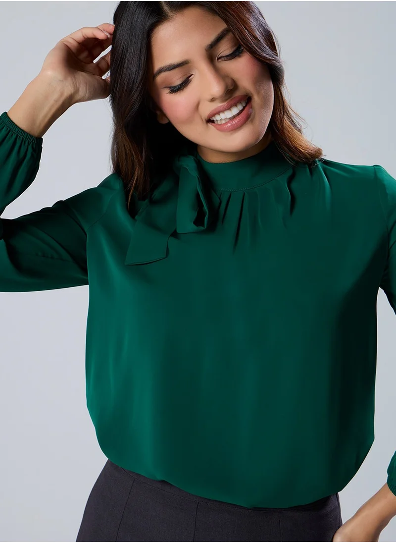 Zigzag Neck Tie Long Sleeve Green Chiffon Top