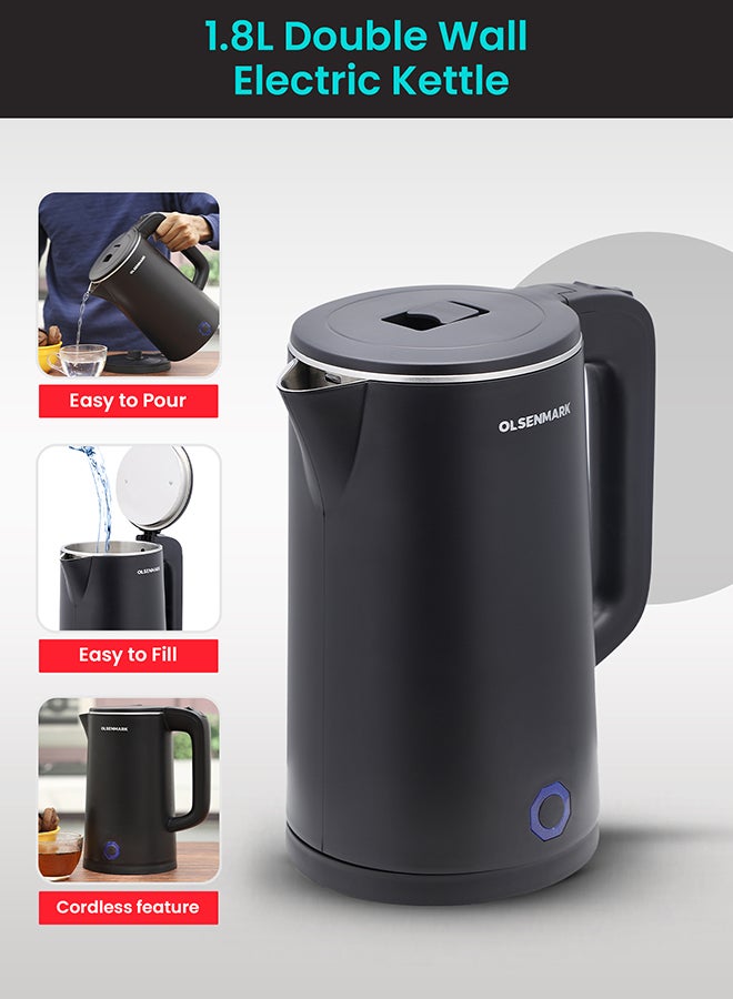 Olsenmark Electric Kettle With Durable Wall Cool Touch Body, Boil Dry Protection, Stainless Steel Seamless Inner, 360 degree Rotational Base 1.8 L 1500 W OMK2475 Black - Image 2