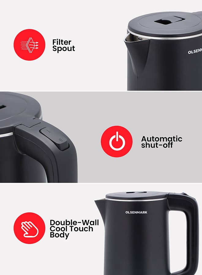Olsenmark Electric Kettle With Durable Wall Cool Touch Body, Boil Dry Protection, Stainless Steel Seamless Inner, 360 degree Rotational Base 1.8 L 1500 W OMK2475 Black - Image 5