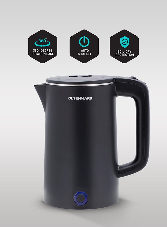 Olsenmark Electric Kettle With Durable Wall Cool Touch Body, Boil Dry Protection, Stainless Steel Seamless Inner, 360 degree Rotational Base 1.8 L 1500 W OMK2475 Black - Image 1