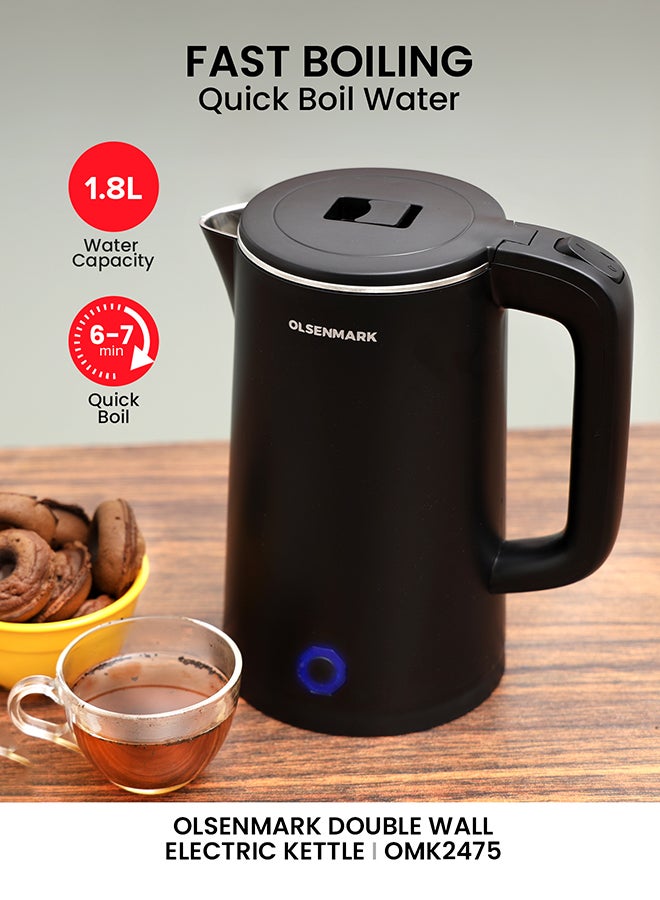 Olsenmark Electric Kettle With Durable Wall Cool Touch Body, Boil Dry Protection, Stainless Steel Seamless Inner, 360 degree Rotational Base 1.8 L 1500 W OMK2475 Black - Image 4