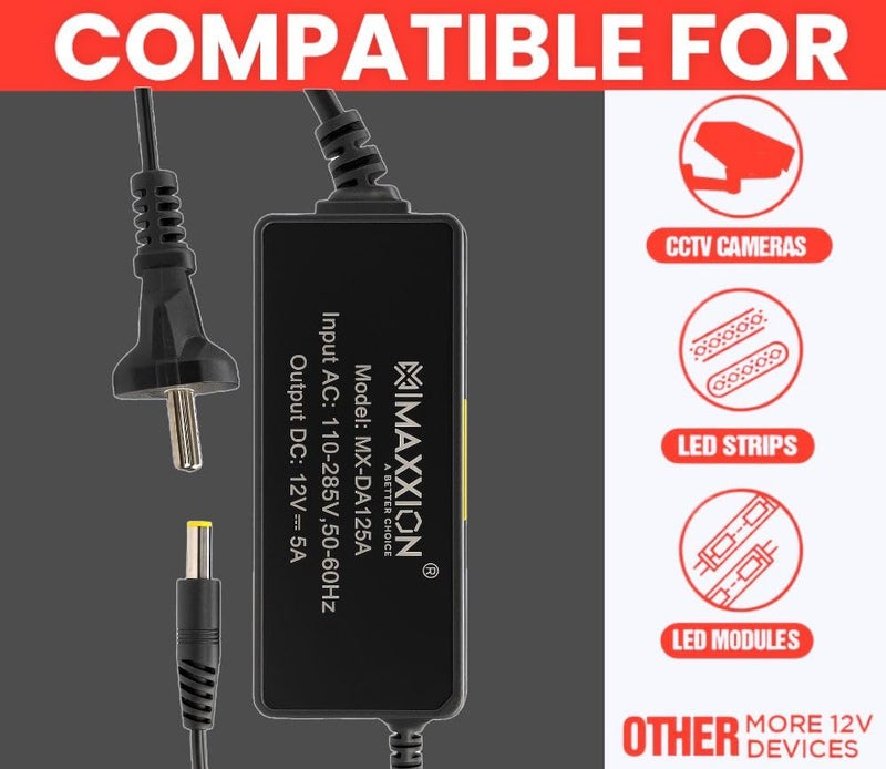 MAXXION 12 Volt 5 Amp (12V 5A) AC DC Adapter 12V 60 Watt DC Power Supply SMPS AC to DC Converter for Battery Charger, CCTV, LED Strip, Router, DIY Projects - Image 2
