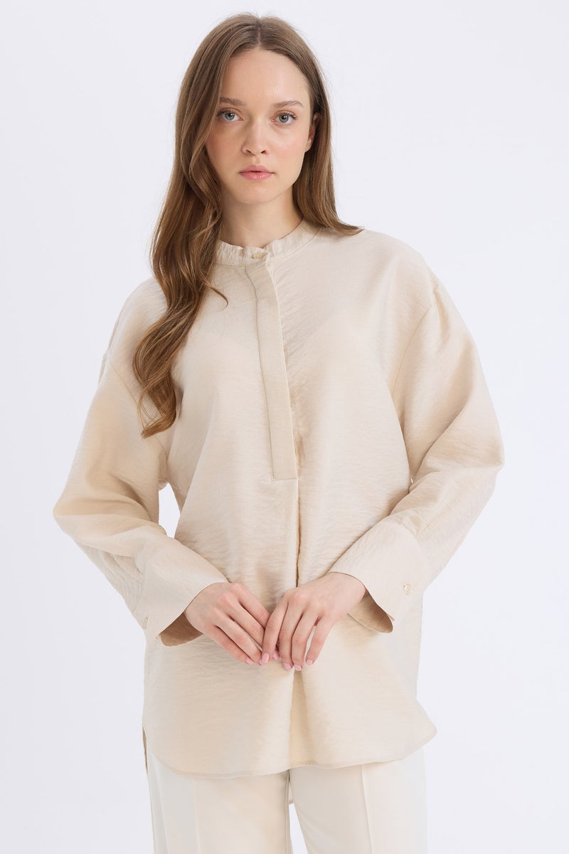 DeFacto Beige Woman Relax Fit Mandarin Collar Basic Long Sleeve Shirt Tunic Casual - Image 1