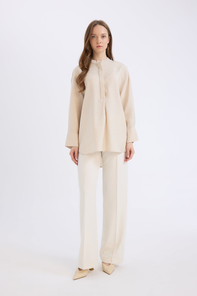 DeFacto Beige Woman Relax Fit Mandarin Collar Basic Long Sleeve Shirt Tunic Casual - Image 2