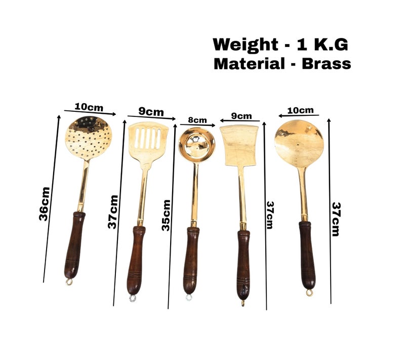 Blissful Decor Pure Brass Serving Spoon Set of 5, 1 Ladle (Karchi), 2 Solid Spoon (Chamcha),1 Rice Serving Spoon, 1 Serving and Cooking Spatula (Palta) Serving Set with Wooden Handle (Golden) 1100 GMS - Image 3