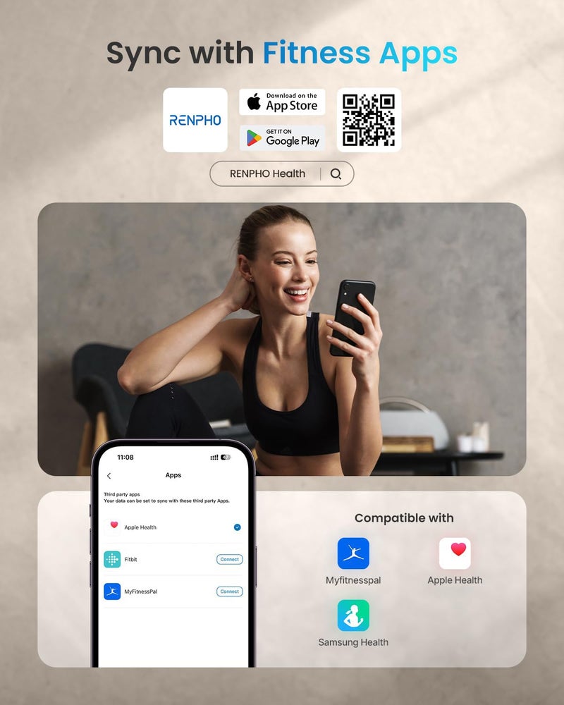 RENPHO ميزان RENPHO لوزن الجسم ميزان ذكي للحمام مع تطبيق بلوتوث لقياس الدهون في الجسم لقياس الدهون في الجسم وكتلة العضلات تتبع فقدان الوزن بطاريات متضمنة إليس 1 260 سم - Image 5