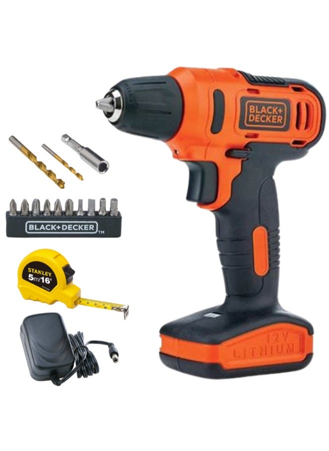BLACK+DECKER - 12V Cordless Drill Driver With 13 Pieces Bits In Kitbox and 5m Tape Measure, 1.5Ah 900 Rpm Orange/Black ACLD12-B5 - Image 1