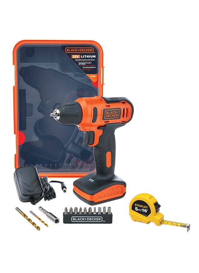 BLACK+DECKER - 12V Cordless Drill Driver With 13 Pieces Bits In Kitbox and 5m Tape Measure, 1.5Ah 900 Rpm Orange/Black ACLD12-B5 - Image 1