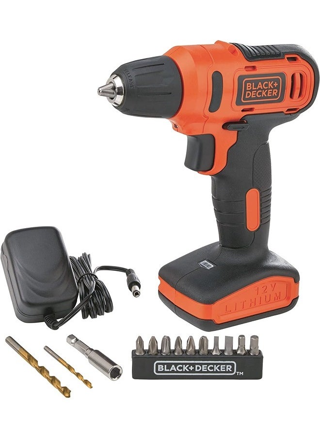 BLACK+DECKER - 12V Cordless Drill Driver With 13 Pieces Bits In Kitbox and 5m Tape Measure, 1.5Ah 900 Rpm Orange/Black ACLD12-B5 - Image 1