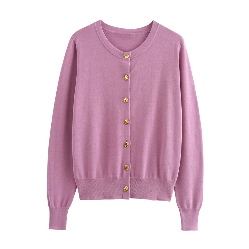 ZA Cross-Border Womens Tweed Style Design Sensibility Gold Single-Breasted Knitted Cardigan Sweater Jacket Crew Neck Lotus color  - Image 1