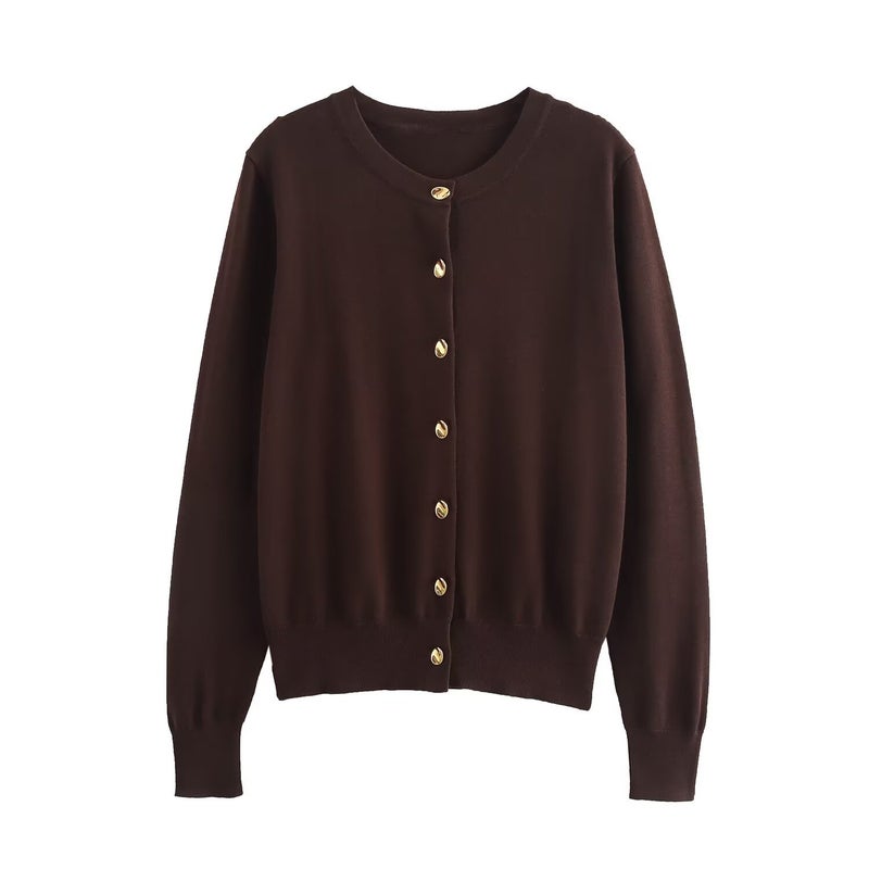ZA Cross-Border Womens Tweed Style Design Sensibility Gold Single-Breasted Knitted Cardigan Sweater Jacket Crew Neck Lotus color  - Image 2