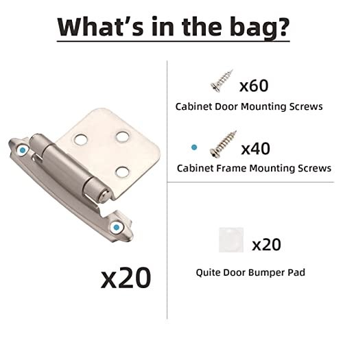 DecoBasics Cabinet Hinges Brushed Nickel for Kitchen Cabinets Doors (10 Pair -20 Pcs) -1/2" Overlay (Variable) -Self Closing Kitchen Cabinet Hinges Flush Mount w/Silicon Bumpers & Hardware Screws - Image 3