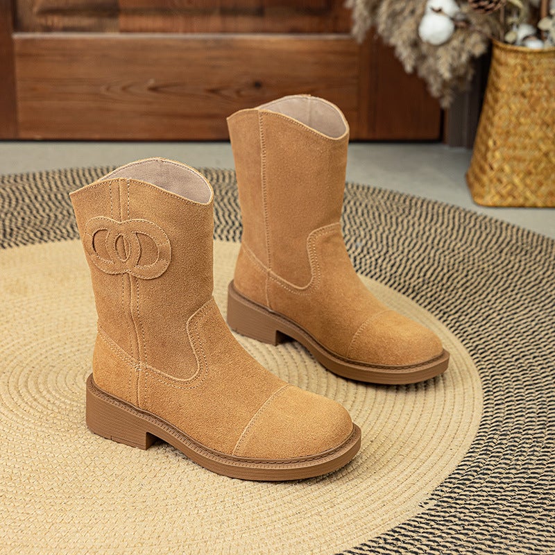 Genuine Leather Retro Short Knight Boots 2025 Thick Heel Western Cowboy Boots Round Toe Small Fragrant Knight Boots - Image 2