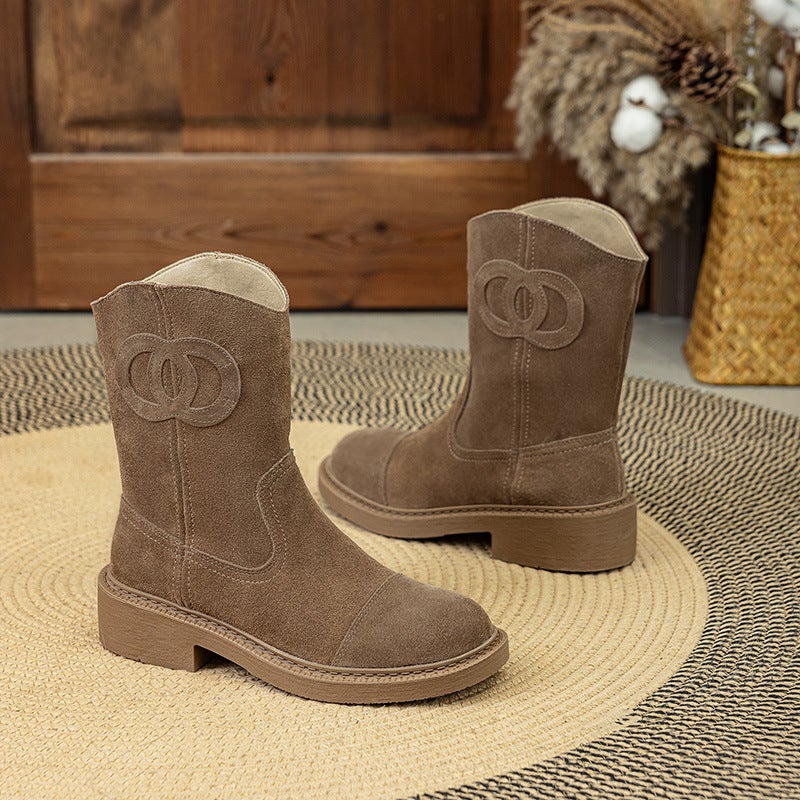 Genuine Leather Retro Short Knight Boots 2025 Thick Heel Western Cowboy Boots Round Toe Small Fragrant Knight Boots - Image 1