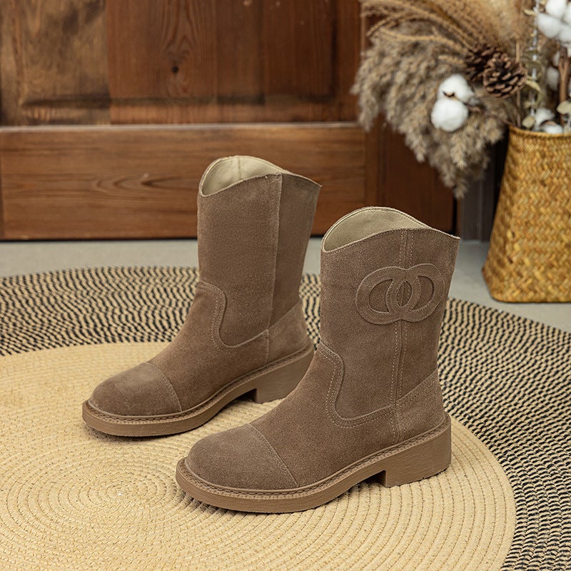 Genuine Leather Retro Short Knight Boots 2025 Thick Heel Western Cowboy Boots Round Toe Small Fragrant Knight Boots - Image 3