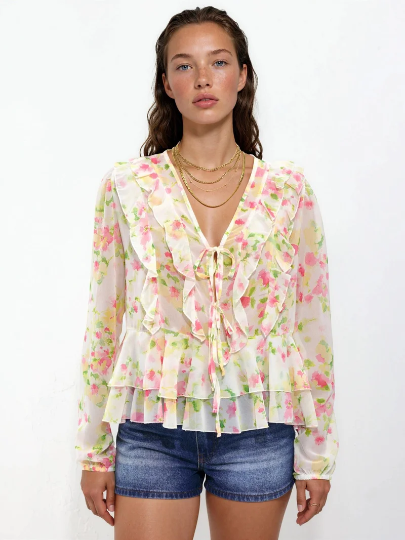 هيكاب Frilly V-Neck Patterned Blouse