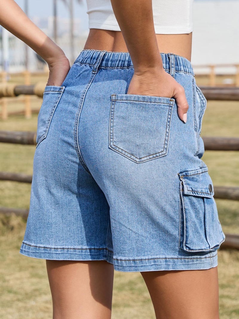 ELLEVEN Bermuda Cargo Jean Shorts Women Elastic High Waisted Denim Long Shorts Baggy 7 Inch Inseam Jorts Y2K Summer Jorts with Pockets Blue Denim Medium - Image 2