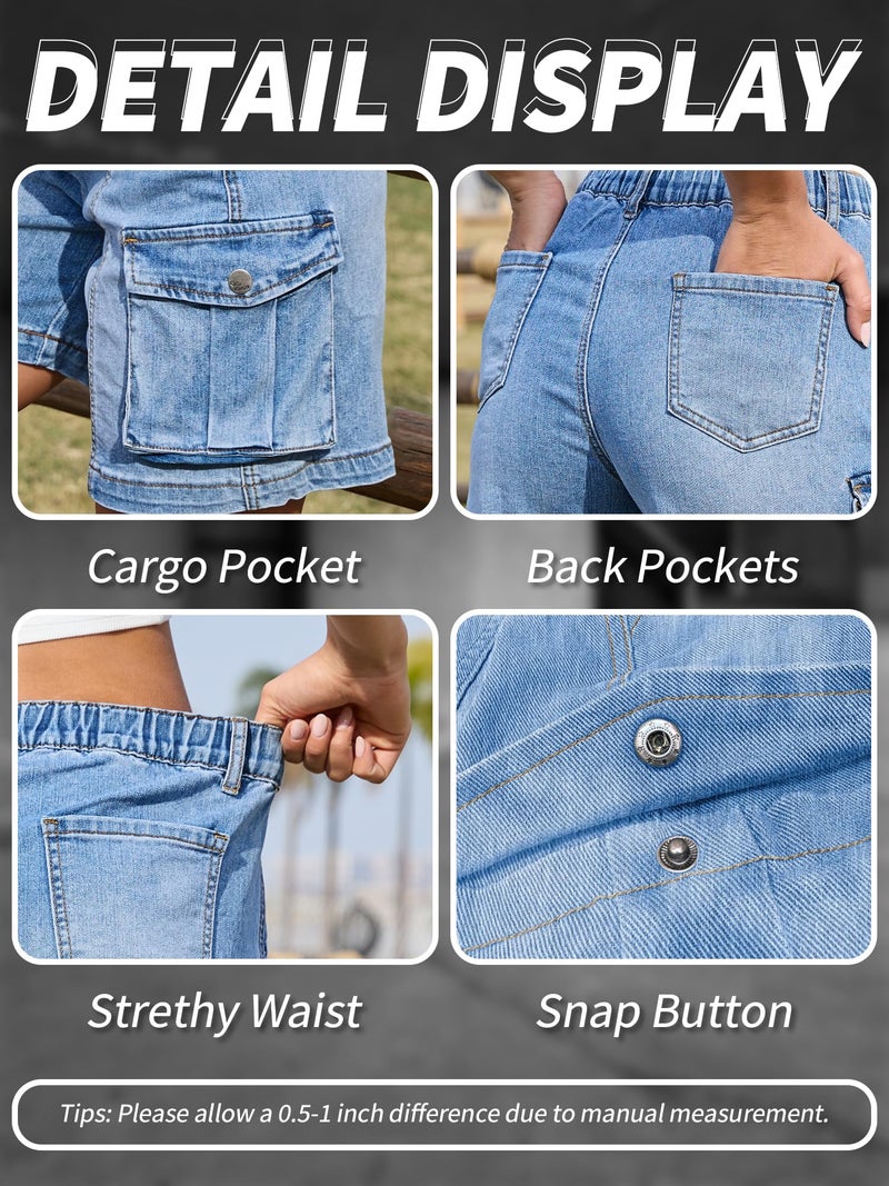 ELLEVEN Bermuda Cargo Jean Shorts Women Elastic High Waisted Denim Long Shorts Baggy 7 Inch Inseam Jorts Y2K Summer Jorts with Pockets Blue Denim Medium - Image 4