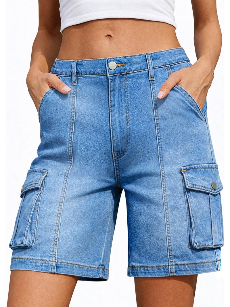 ELLEVEN Bermuda Cargo Jean Shorts Women Elastic High Waisted Denim Long Shorts Baggy 7 Inch Inseam Jorts Y2K Summer Jorts with Pockets Blue Denim Medium - Image 1