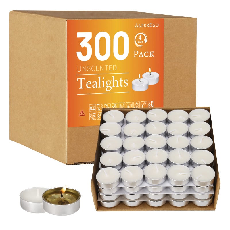 AlterEgo Unscented Tea Lights 300 Pack Tealight Candles 4 Hour Burn Time CleanBurning White Palm Smokeless Votive Tealights Candles for Home Shabbat Anniversaries 300Packing
