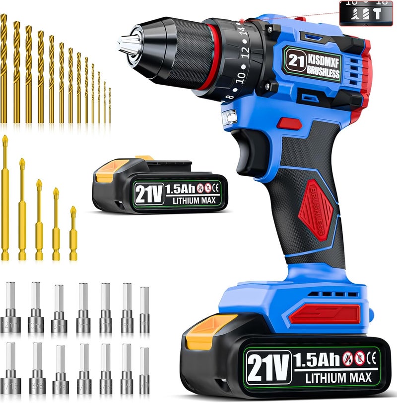 21V Cordless Drill, Brushless Power Drill Set With 1 Batteries And Charger,3/8-Inch Chuck Electric Drill Driver,20+3 Torque Setting,32 Pcs Drill/Driver Bits And Tool Set - Image 1